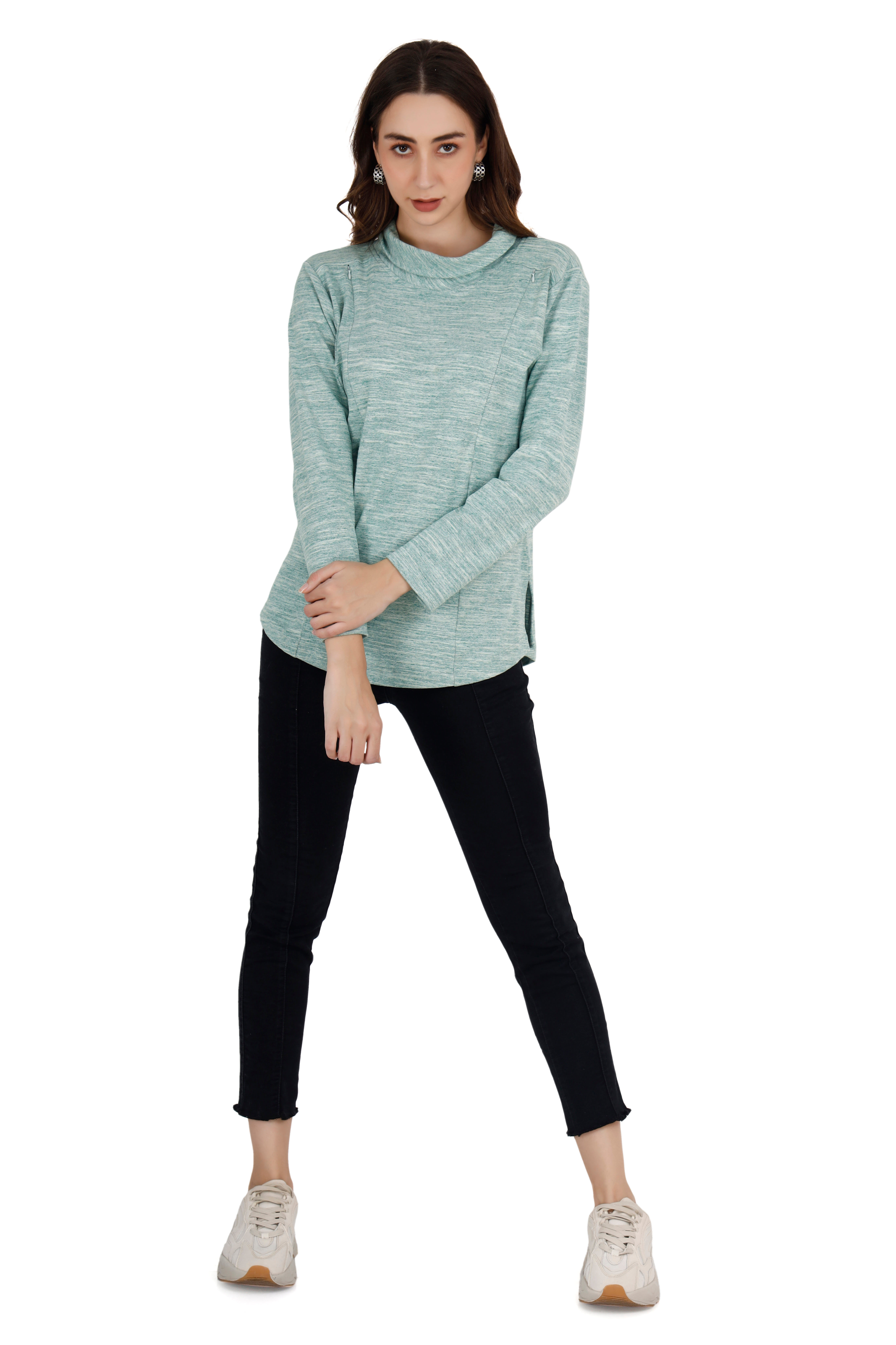 Women's Shovel Neck Textured Green Relaxed Sweatshirt thumbnail 2